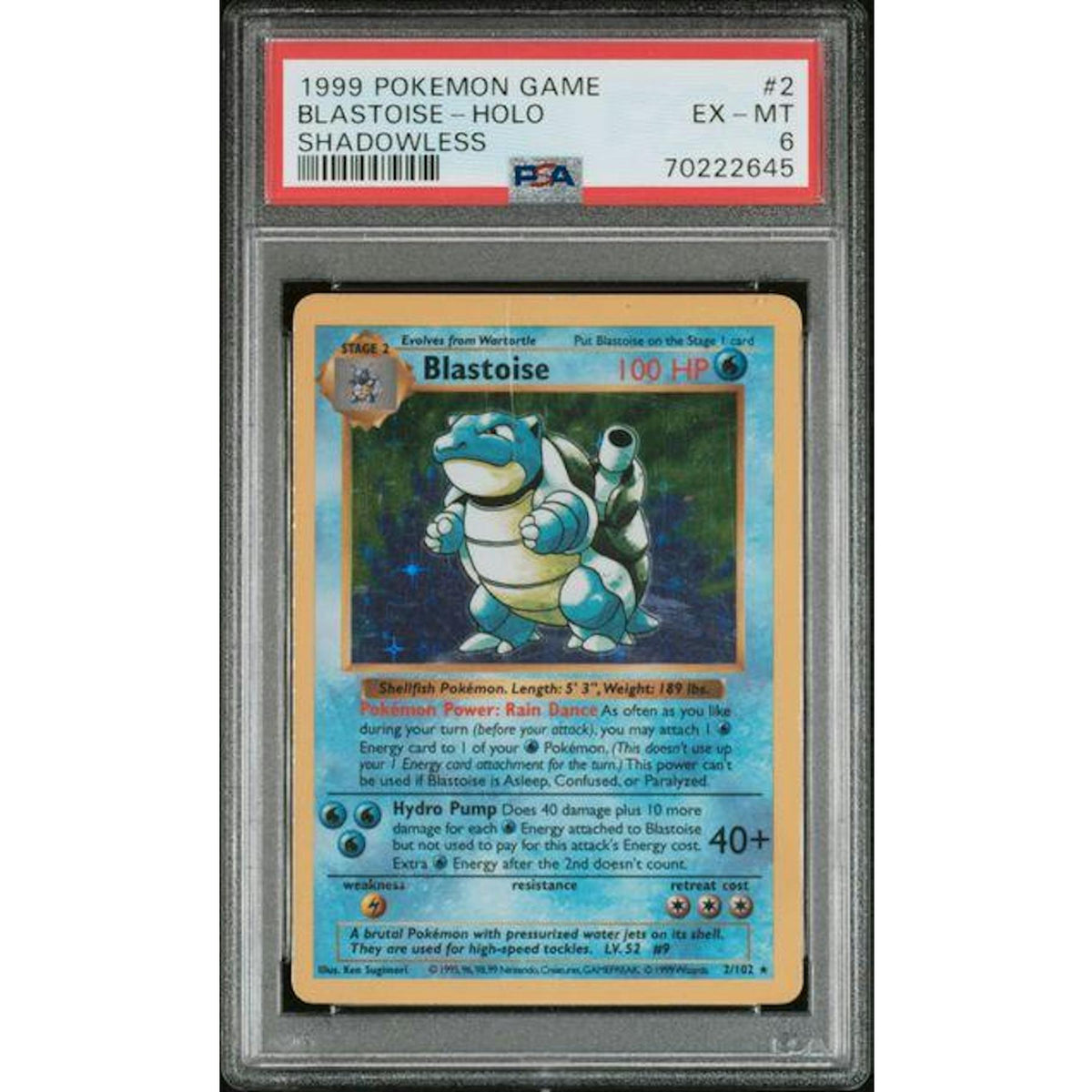 1999 Pokemon Base Set Shadowless Blastoise #2 Holo PSA 6