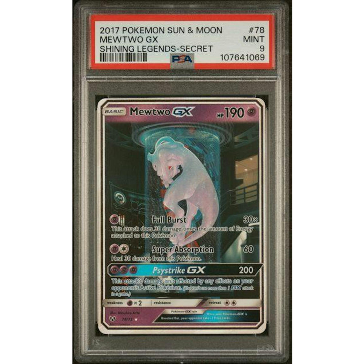 2017 Pokemon Sun & Moon Mewtwo GX Shining Legends Secret #78 PSA 9