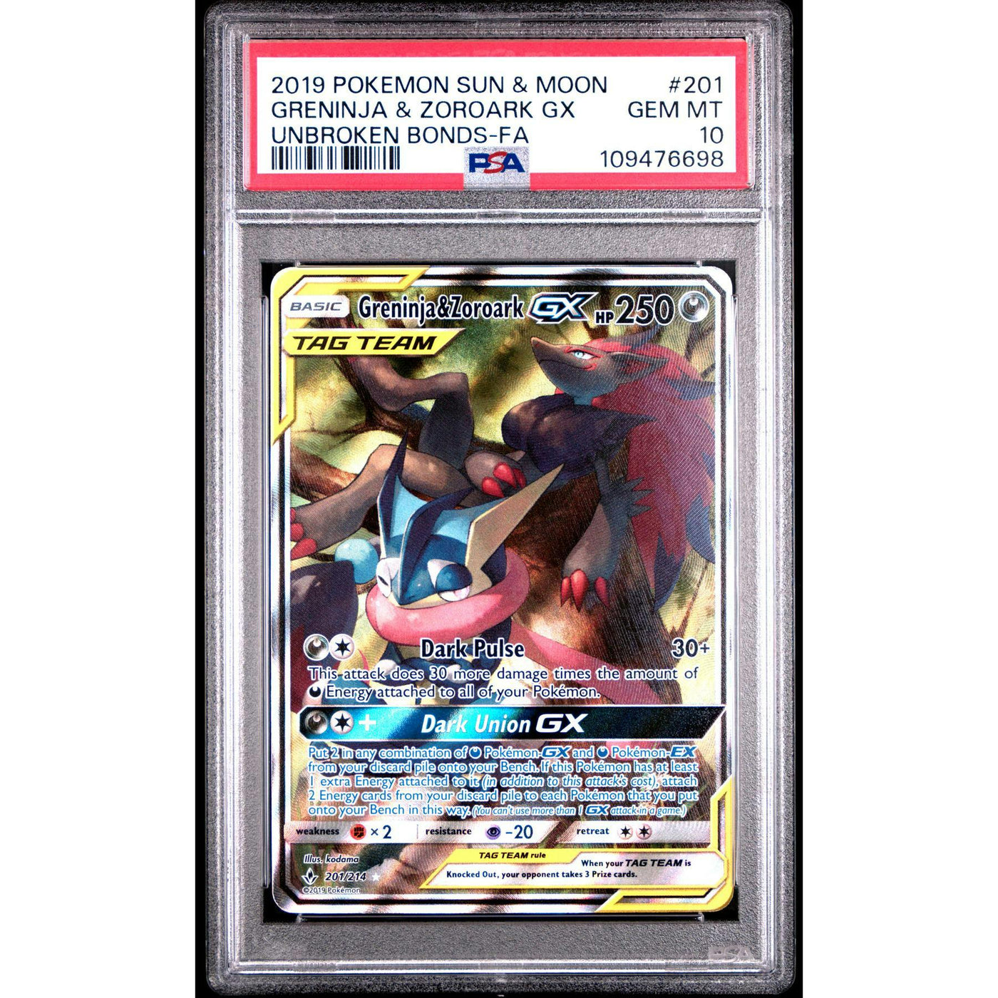 2019 Pokemon Unbroken Bonds Greninja & Zoroark GX Tag Team #201 PSA 10