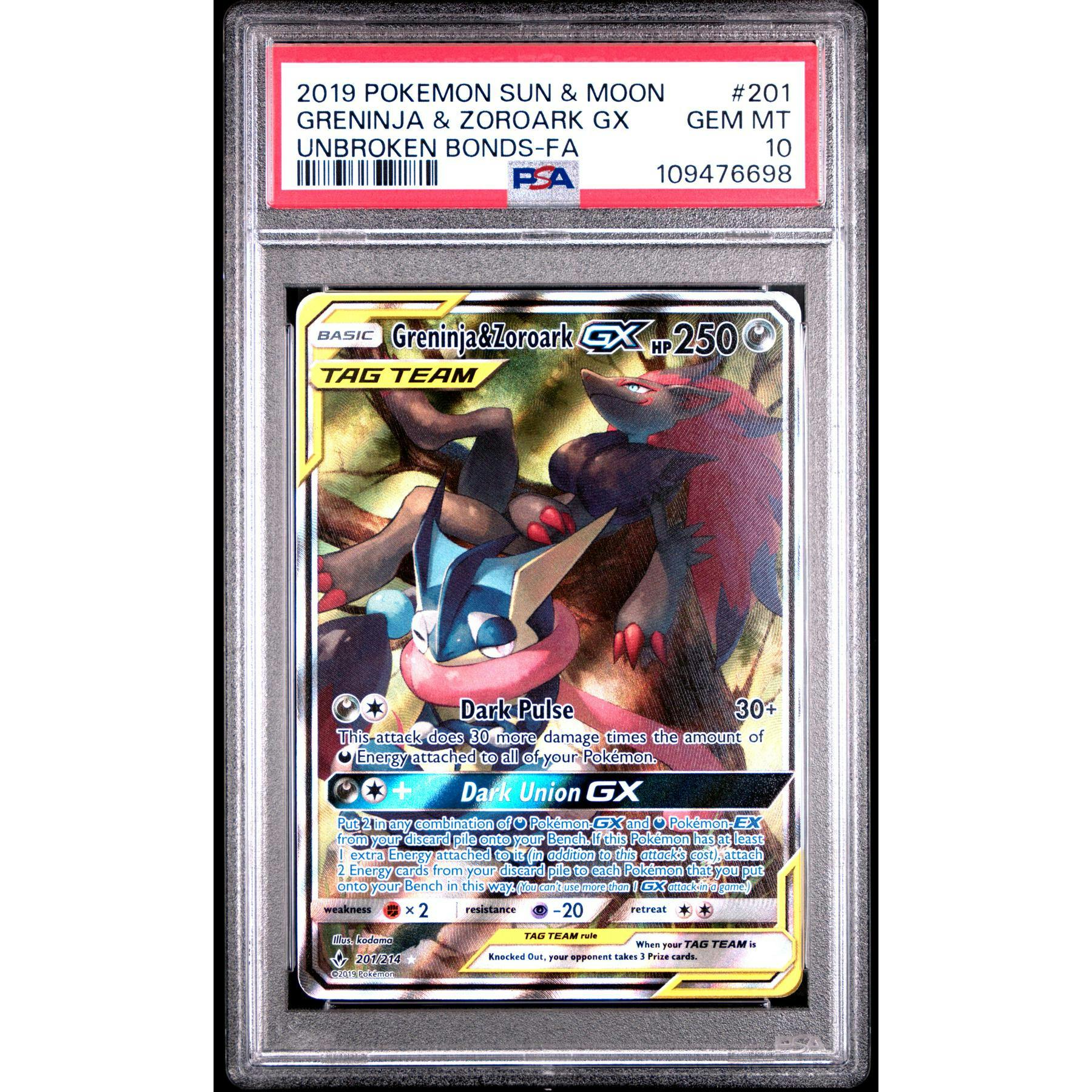 2019 Pokemon Unbroken Bonds Greninja & Zoroark GX Tag Team #201 PSA 10