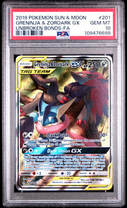 2019 Pokemon Unbroken Bonds Greninja & Zoroark GX Tag Team #201 PSA 10