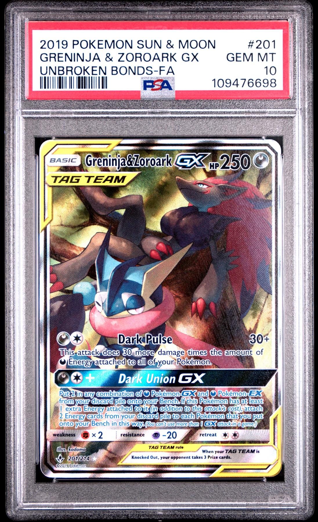 2019 Pokemon Unbroken Bonds Greninja & Zoroark GX Tag Team #201 PSA 10
