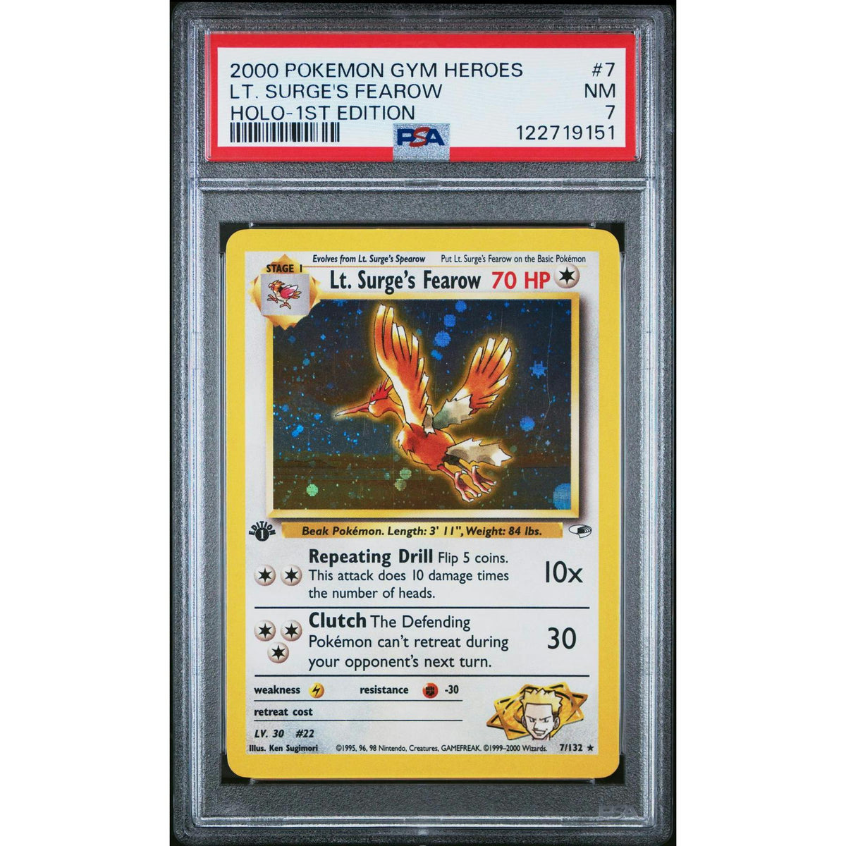 Pokemon Gym Heroes 1st Edition Lt. Surge's Fearow 7/132 PSA 7