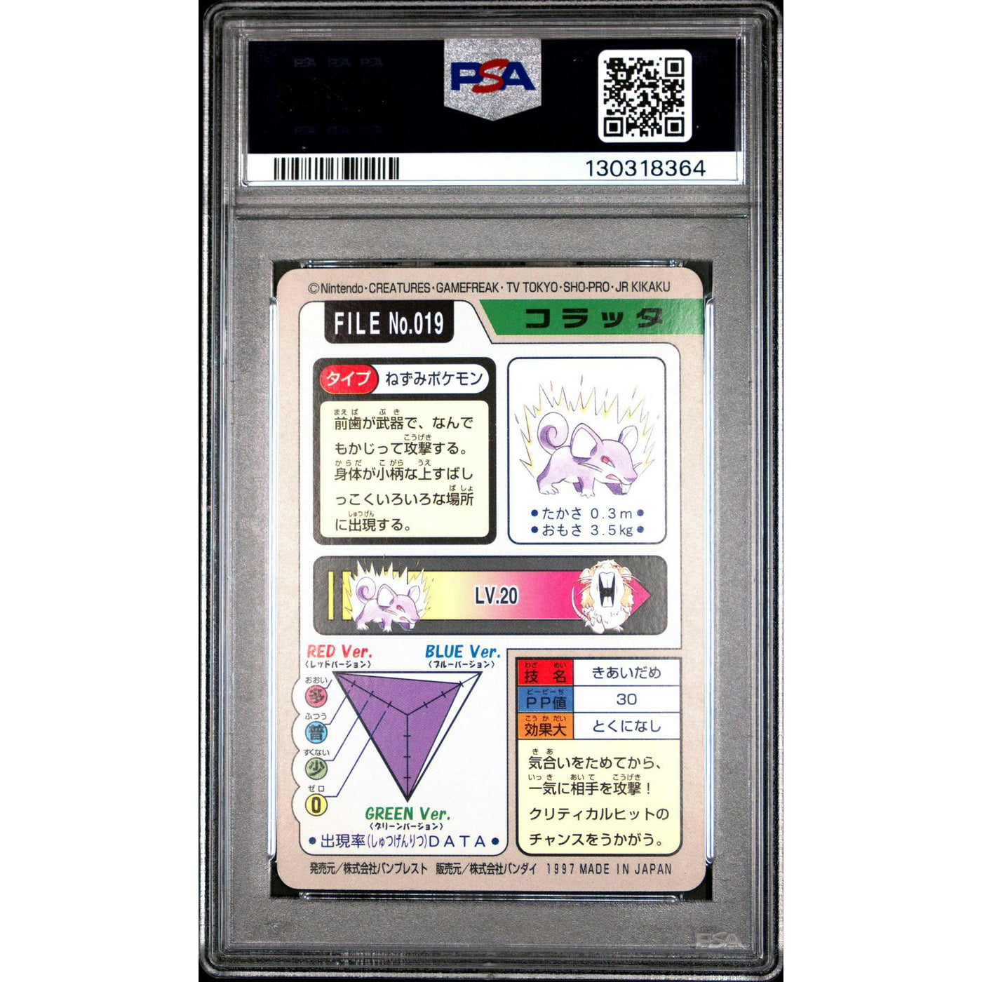 Pokemon 1997 Bandai CardDass Rattata 019 PSA 7