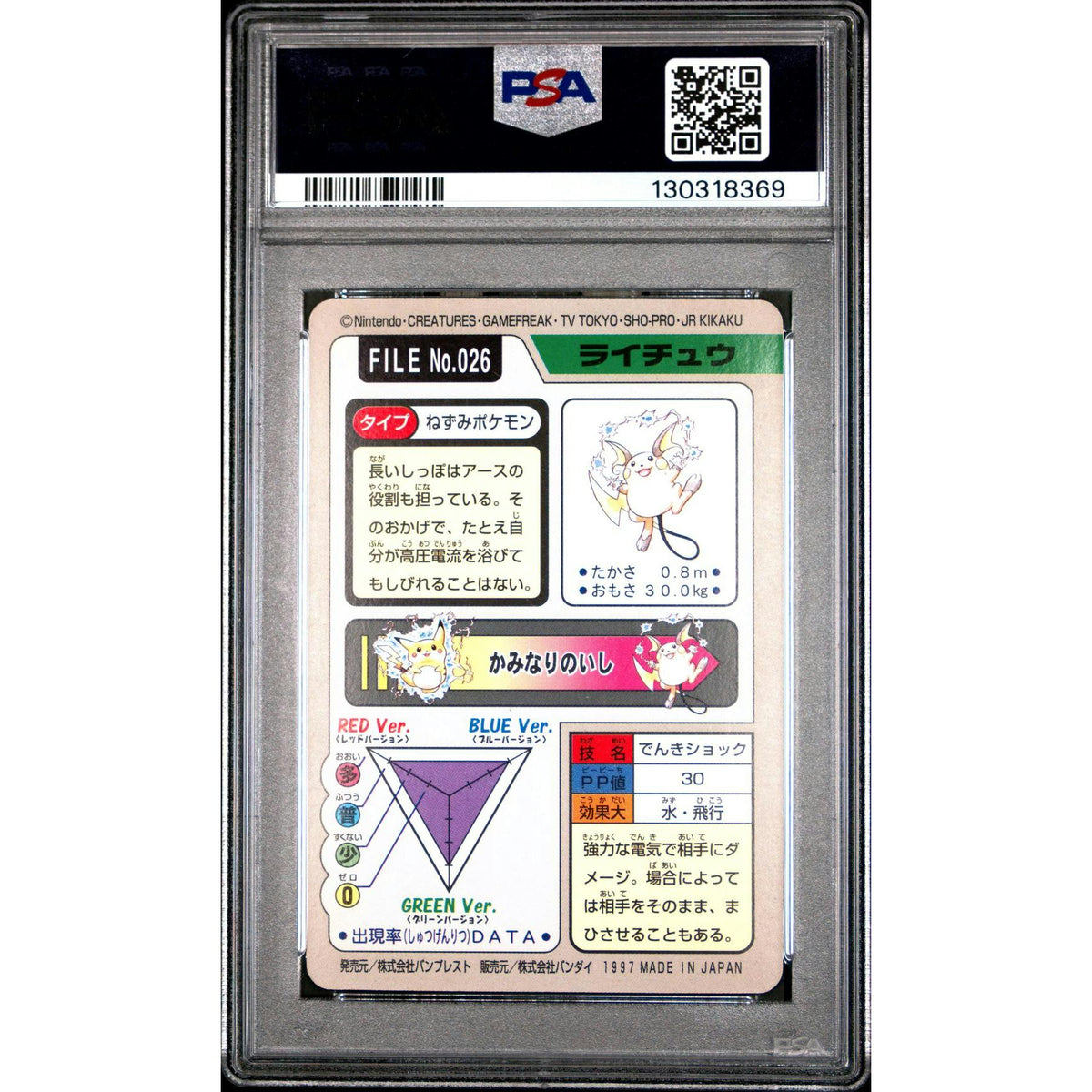 Pokemon 1997 Bandai CardDass Raichu 026 PSA 9