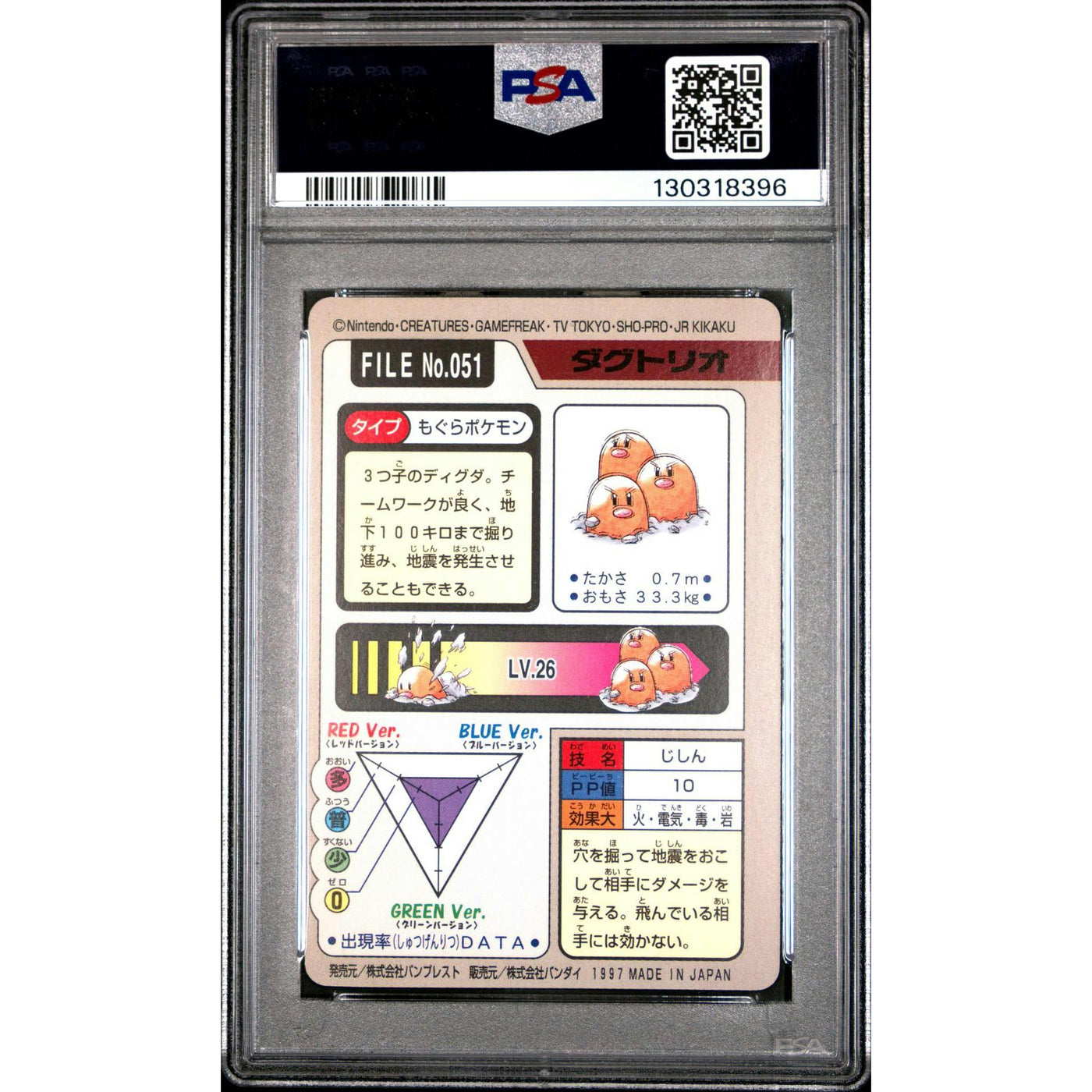 Pokemon 1997 Bandai CardDass Dugtrio 051 PSA 7