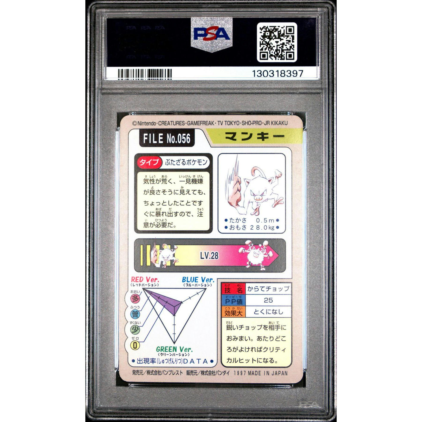 Pokemon 1997 Bandai CardDass Mankey 056 PSA 7