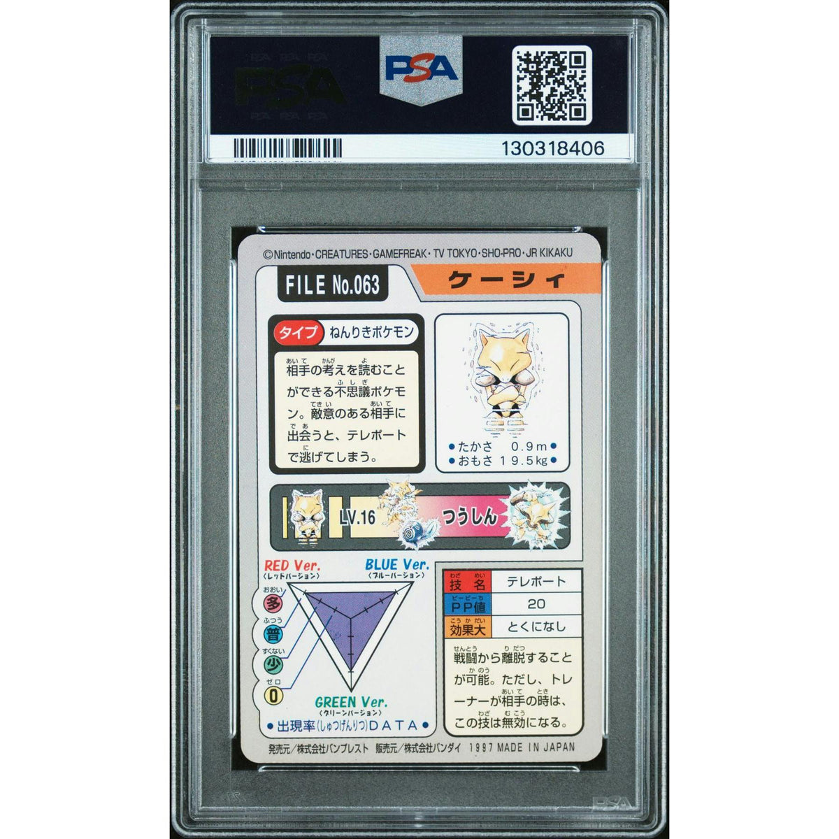 Pokemon 1997 Bandai CardDass Abra 063 PSA 8
