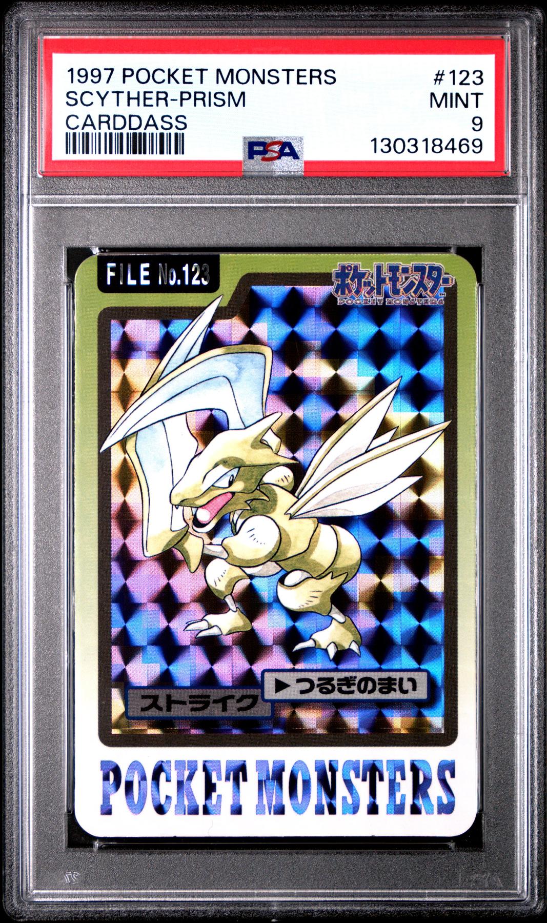 Pokemon 1997 Bandai CardDass Prism Holo Foil Scyther 123 PSA 9