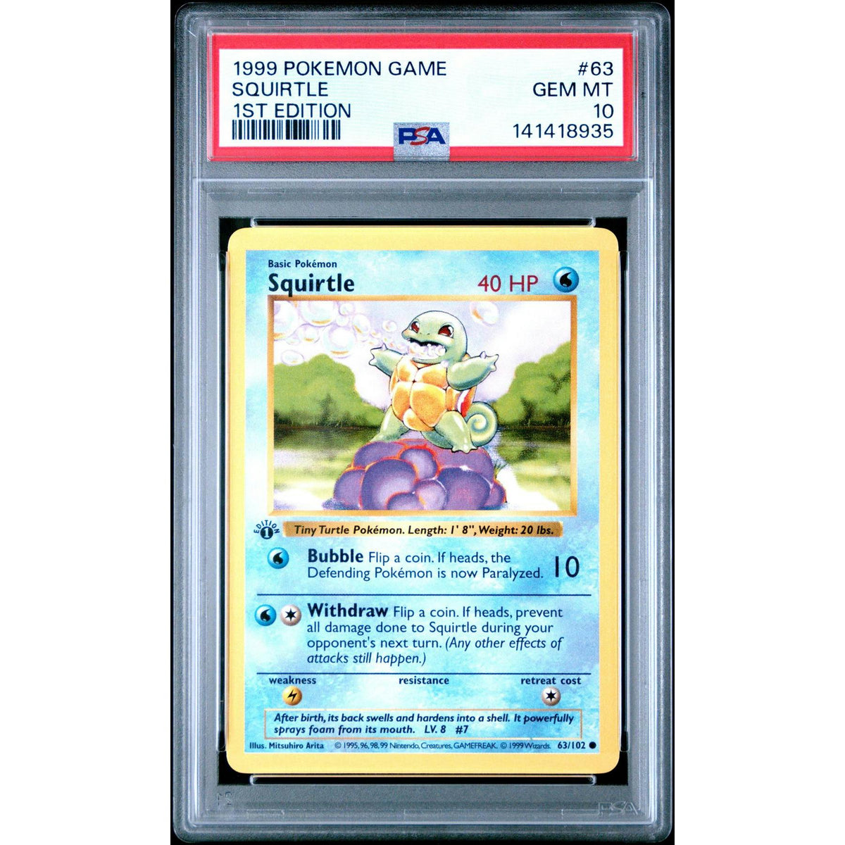 1999 Pokemon Base Set Shadowless 1st Edition Squirte #63 PSA 10