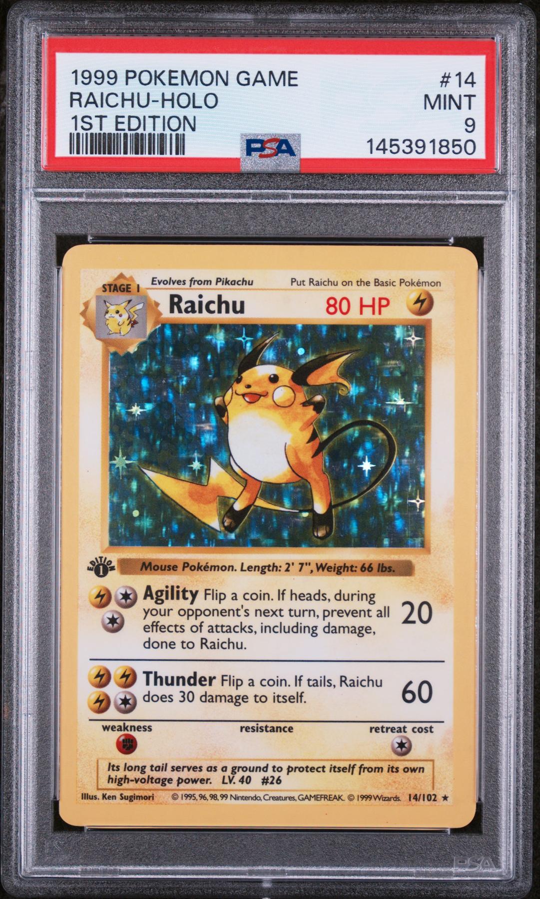 1999 Pokemon Base Set Shadowless Raichu Holo 1st Edition 14/102 PSA 9