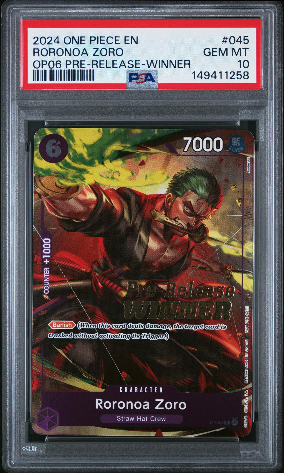 2024 One Piece Roronoa Zoro OP06 Pre-Release Winner #045 PSA 10