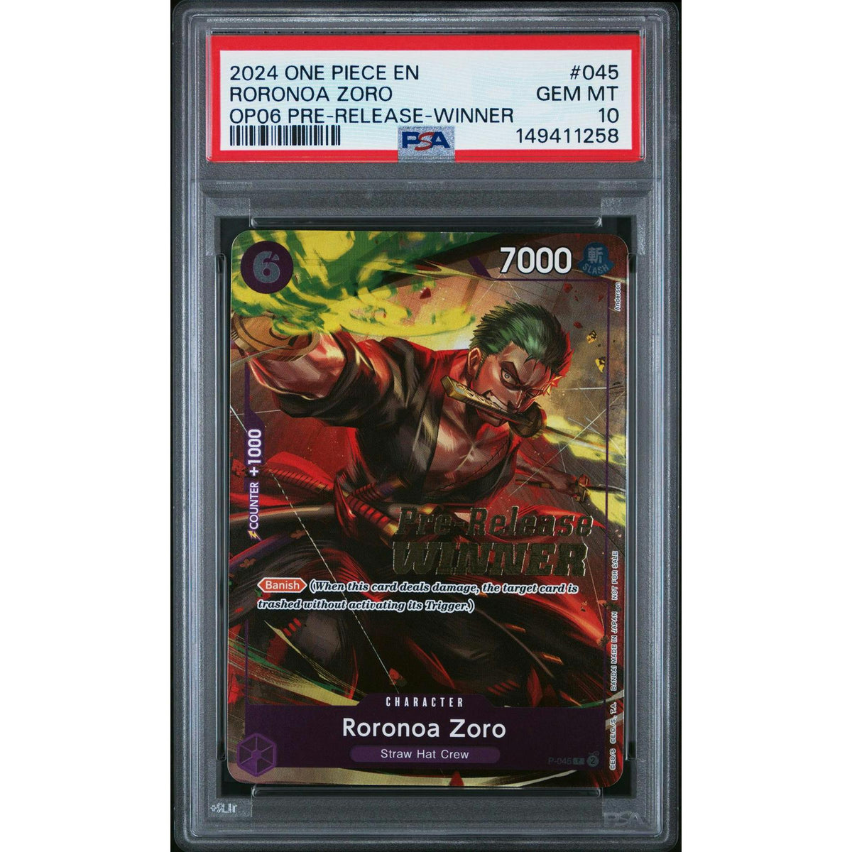 2024 One Piece Roronoa Zoro OP06 Pre-Release Winner #045 PSA 10
