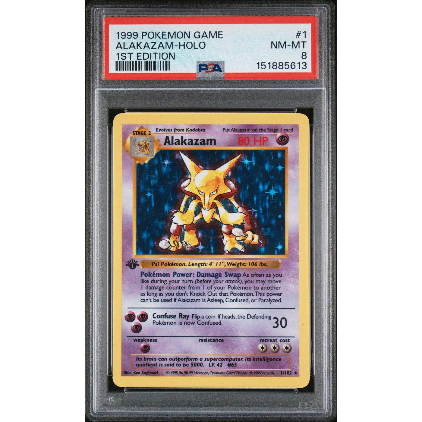 Pokemon Base Set 1st Edition Shadowless Alakazam 1/102 PSA 8 *613