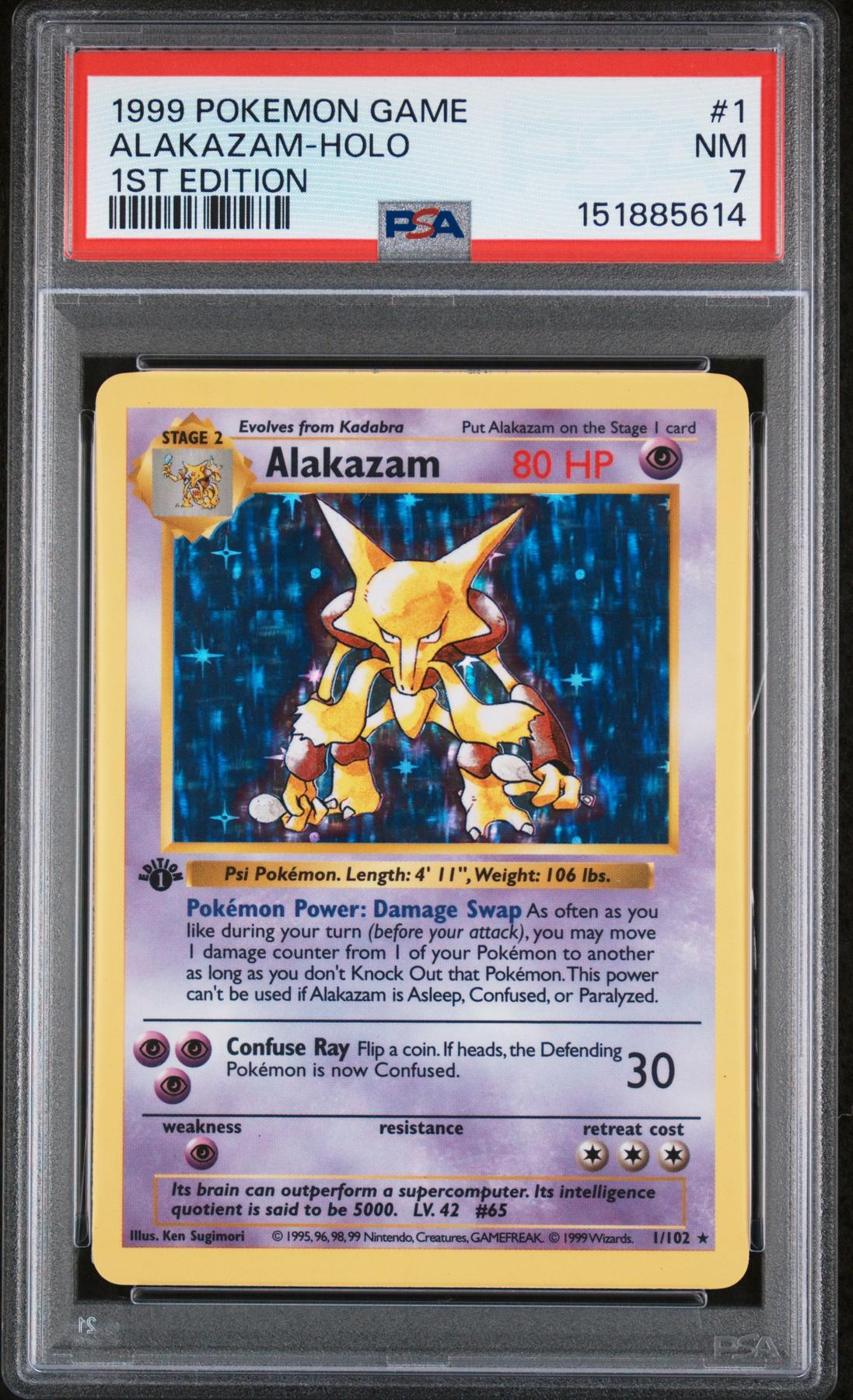 Pokemon Base Set 1st Edition Shadowless Alakazam 1/102 PSA 7 *614