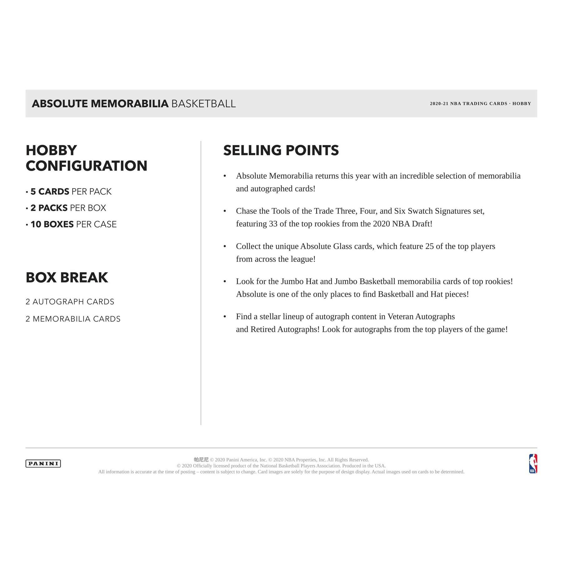2020/21 Panini Absolute Memorabilia Basketball Hobby Box