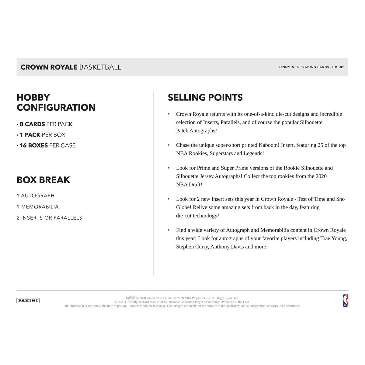 2020/21 Panini Crown Royale Basketball Hobby Box