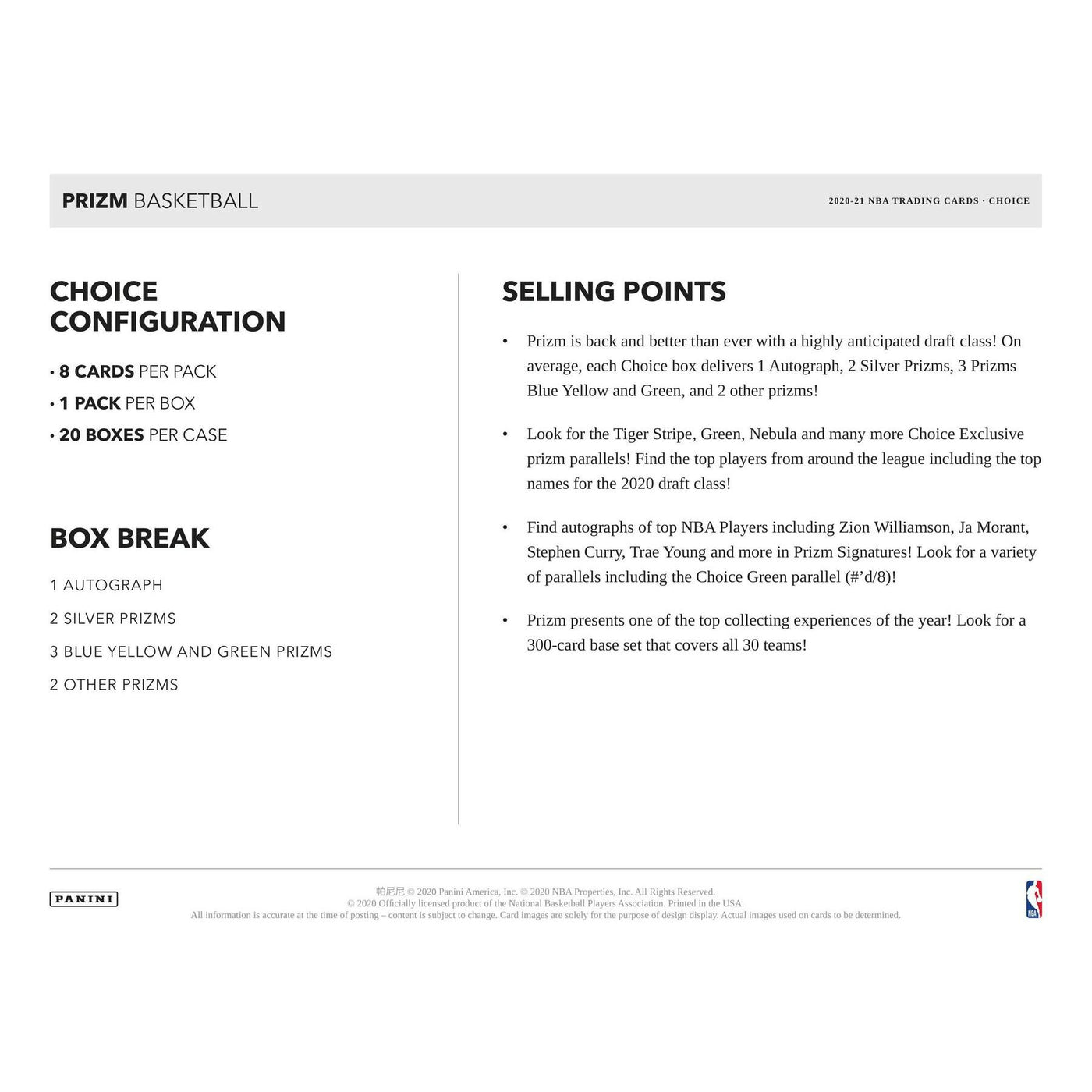 2020/21 Panini Prizm Choice Basketball Hobby Box