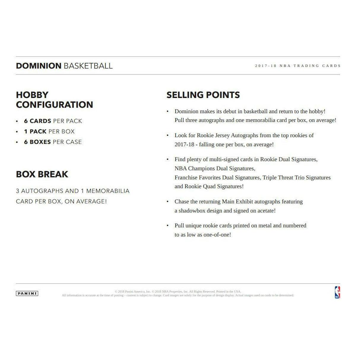 2017/18 Panini Dominion Basketball Hobby 6-Box Case
