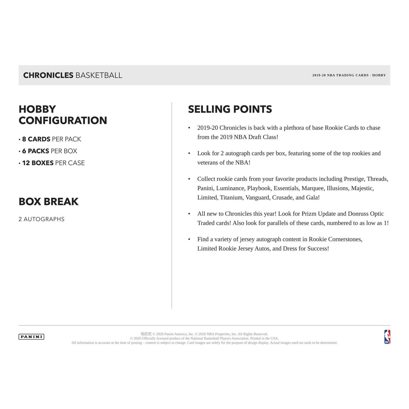 2019/20 Panini Chronicles Basketball Hobby 12-Box Case