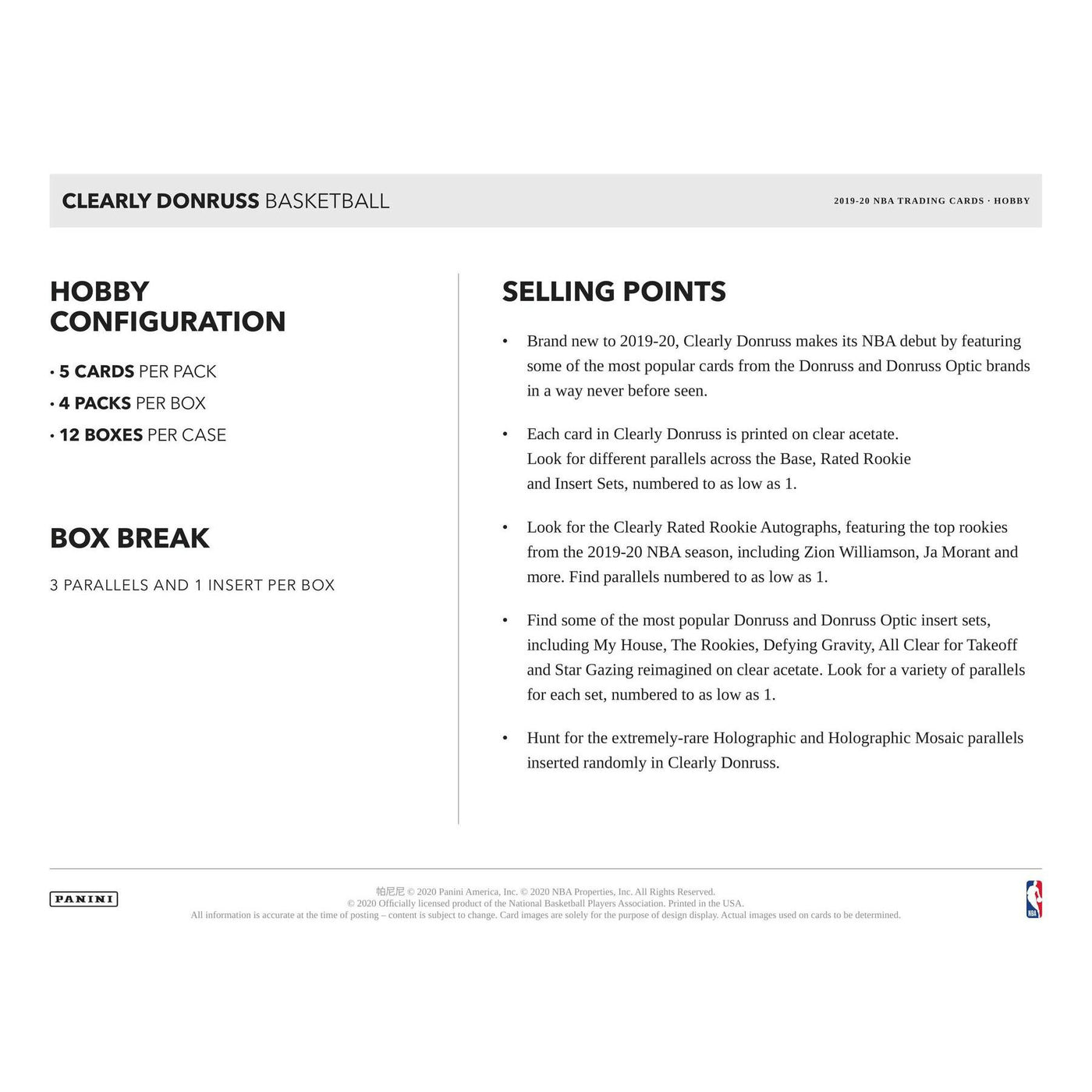 2019/20 Panini Clearly Donruss Basketball Hobby Box