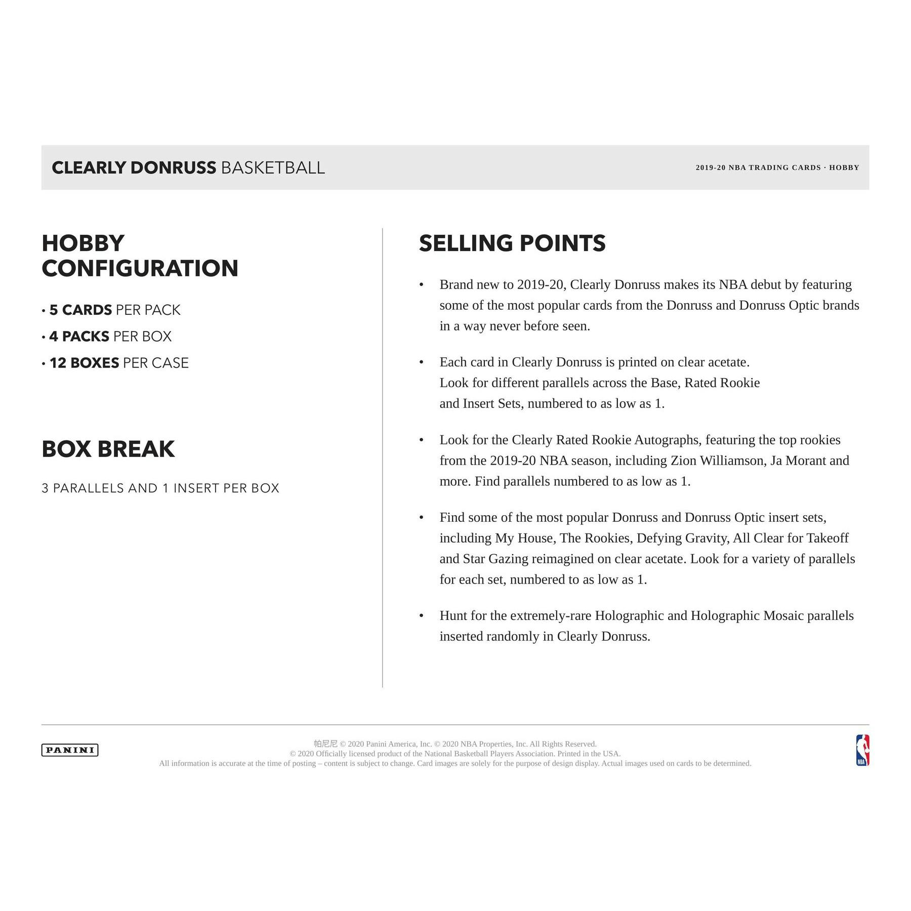 2019/20 Panini Clearly Donruss Basketball Hobby Box