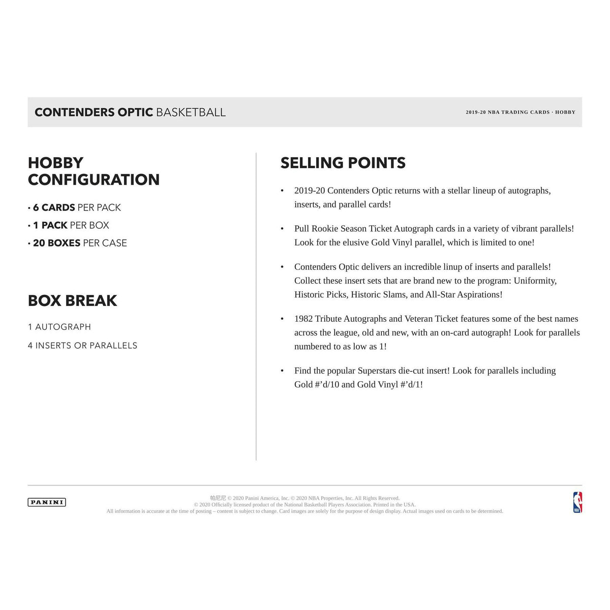 2019/20 Panini Contenders Optic Basketball Hobby Box