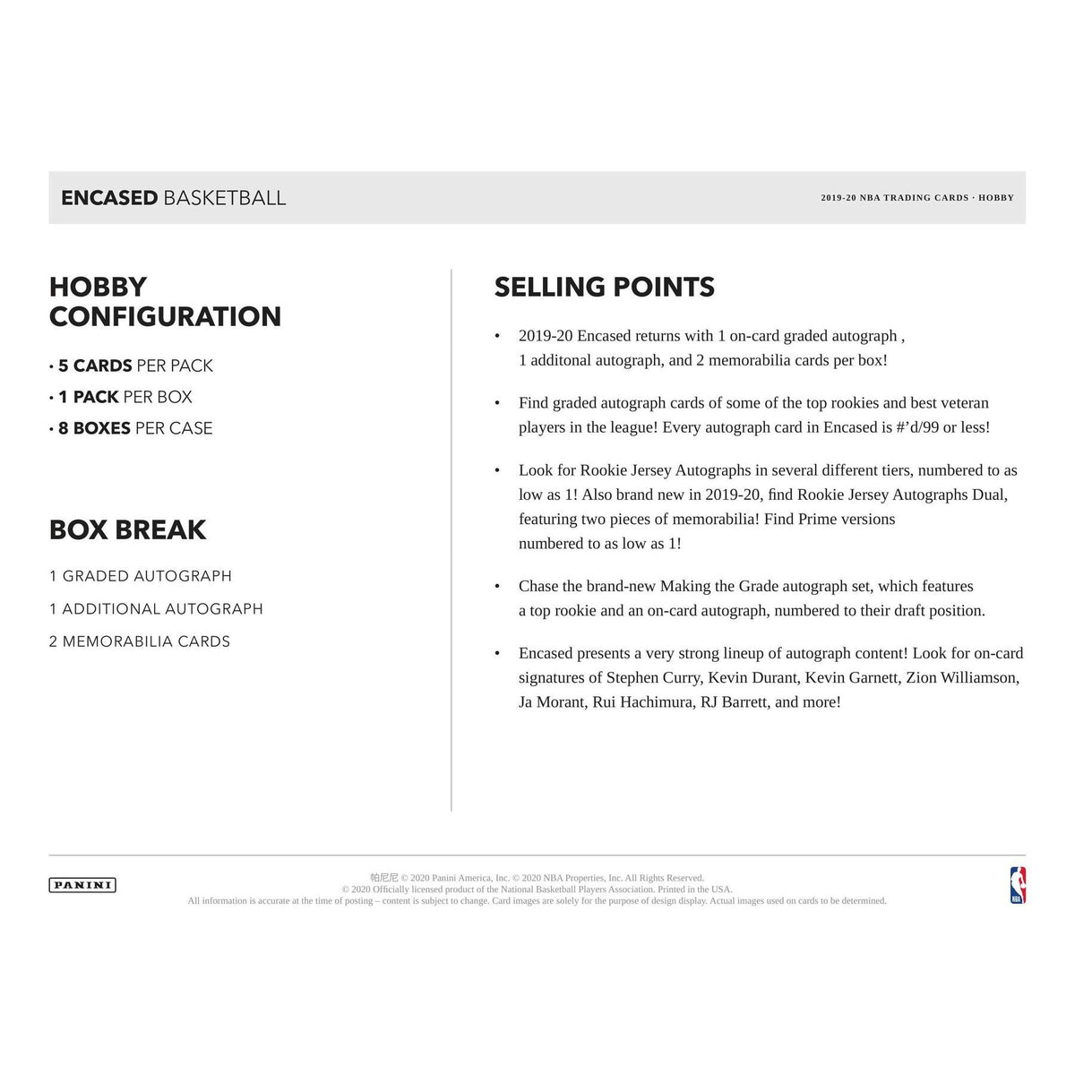 2019/20 Panini Encased 1st Off The Line FOTL Basketball Hobby Box