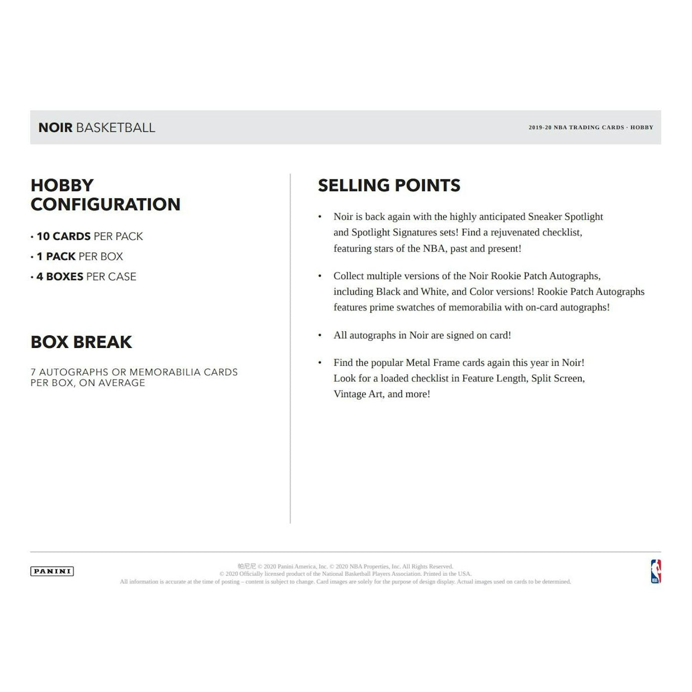 2019/20 Panini Noir Basketball Hobby 4-Box Case (Reed Buy)