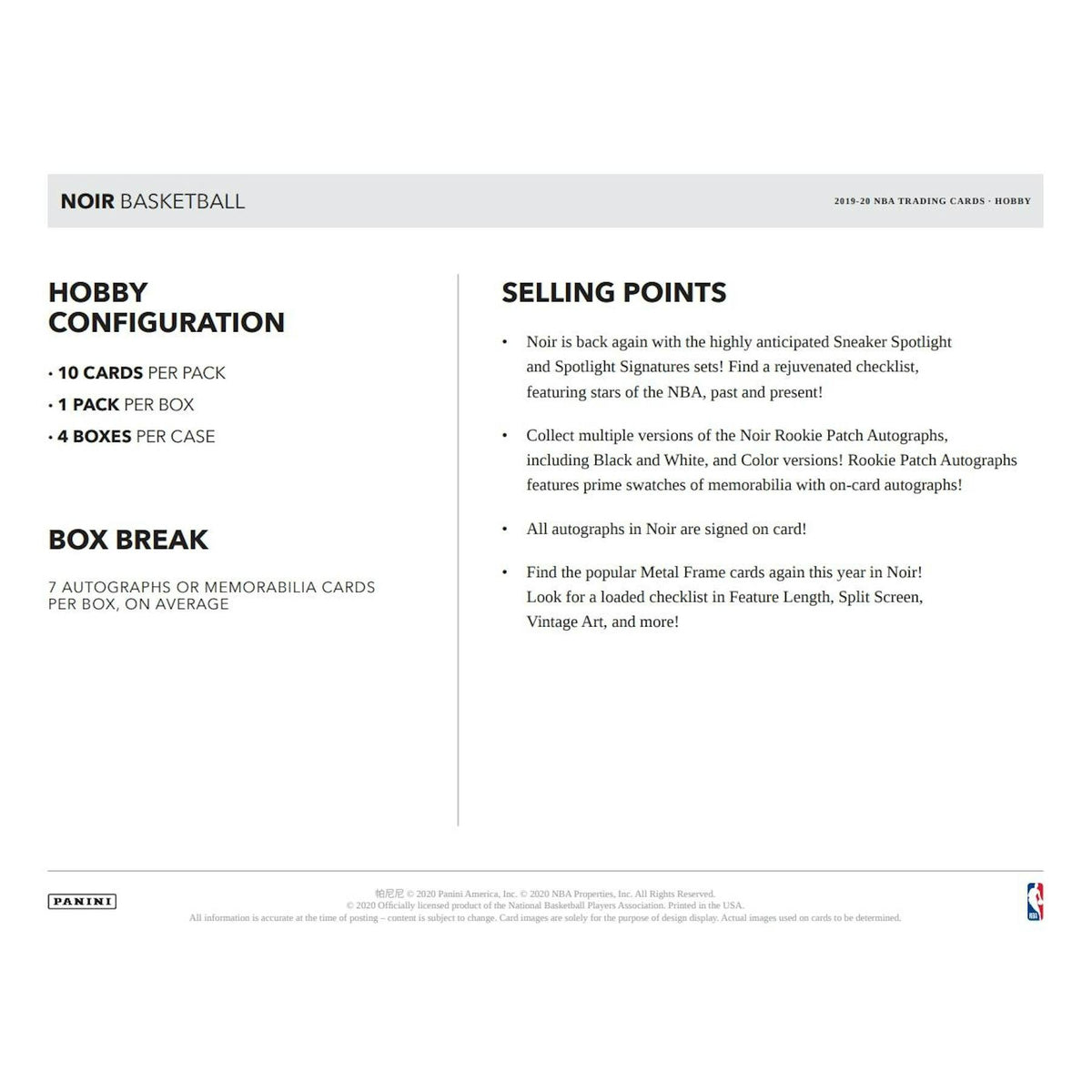 2019/20 Panini Noir Basketball Hobby Box