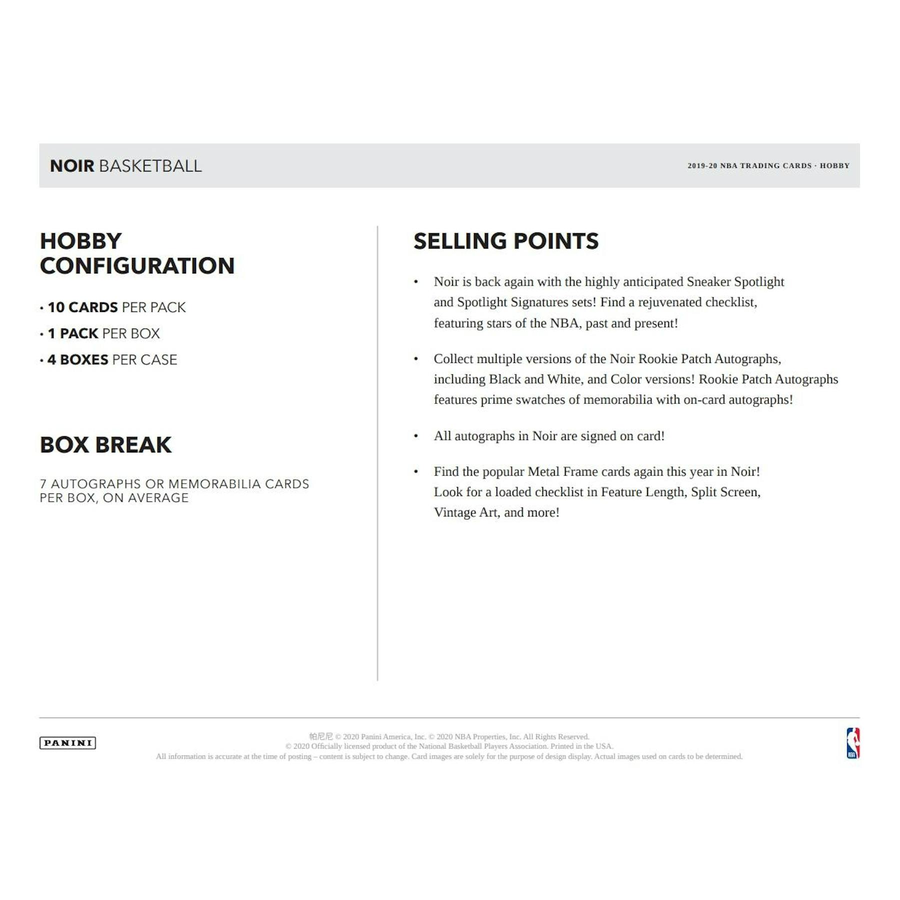 2019/20 Panini Noir Basketball Hobby Box