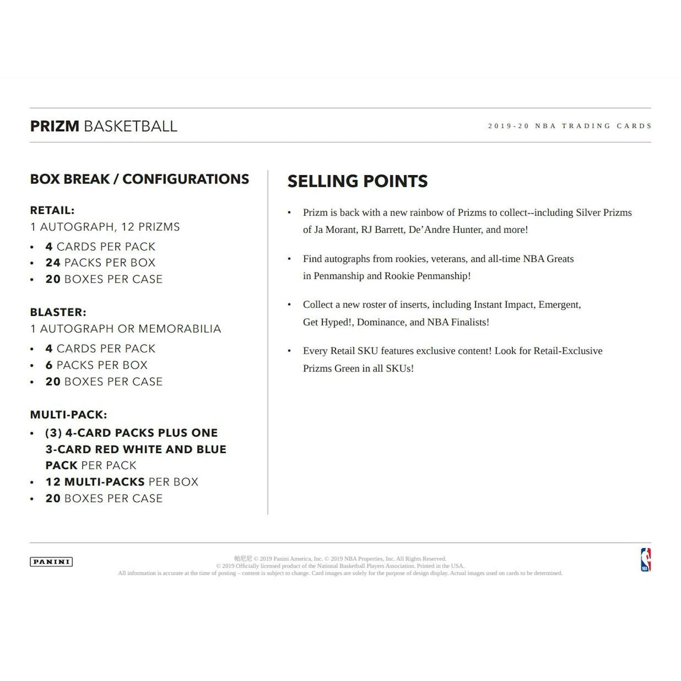 2019/20 Panini Prizm Basketball 24-Pack Retail 20-Box Case (Factory Fresh)