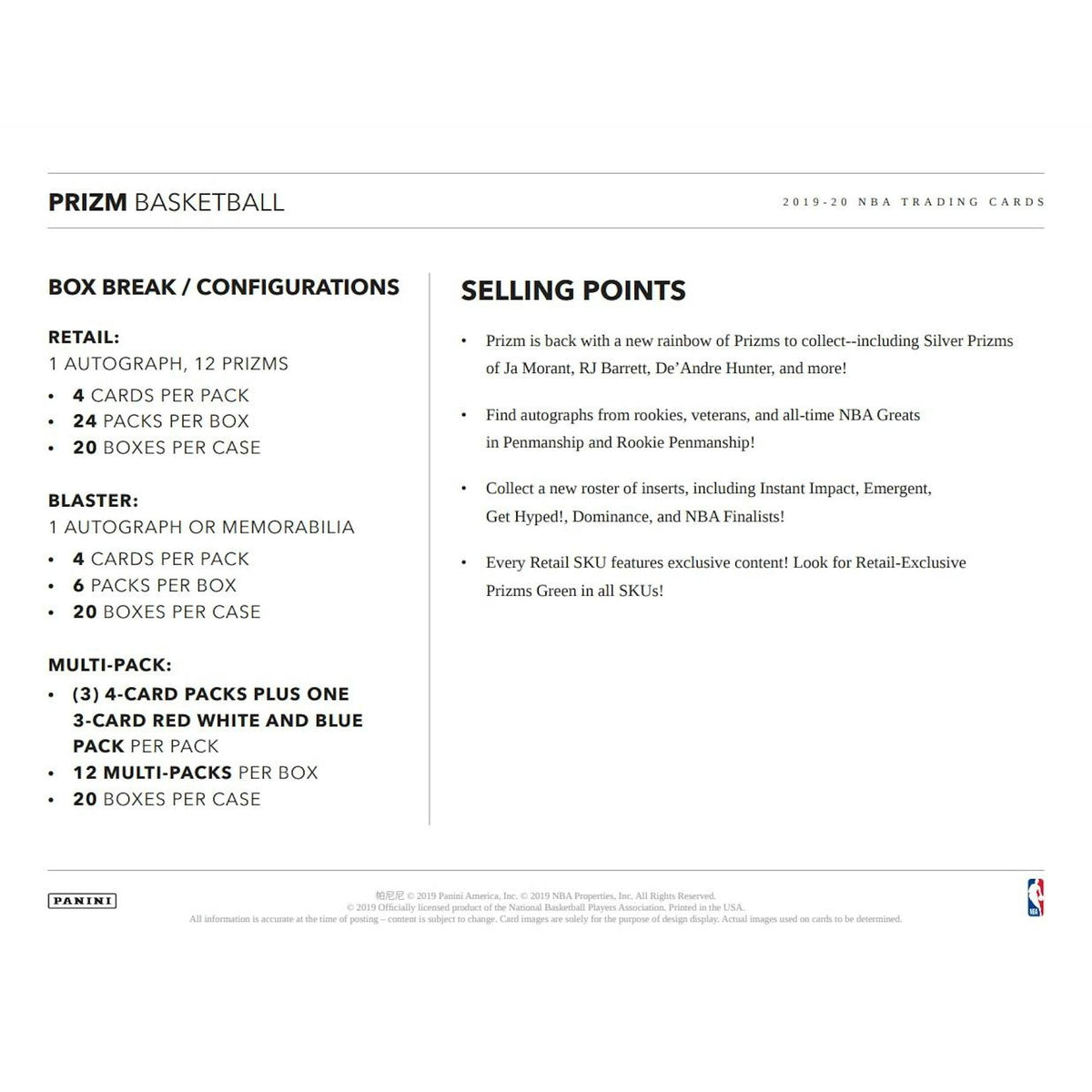 2019/20 Panini Prizm Basketball 24-Pack Retail 20-Box Case (Factory Fresh)