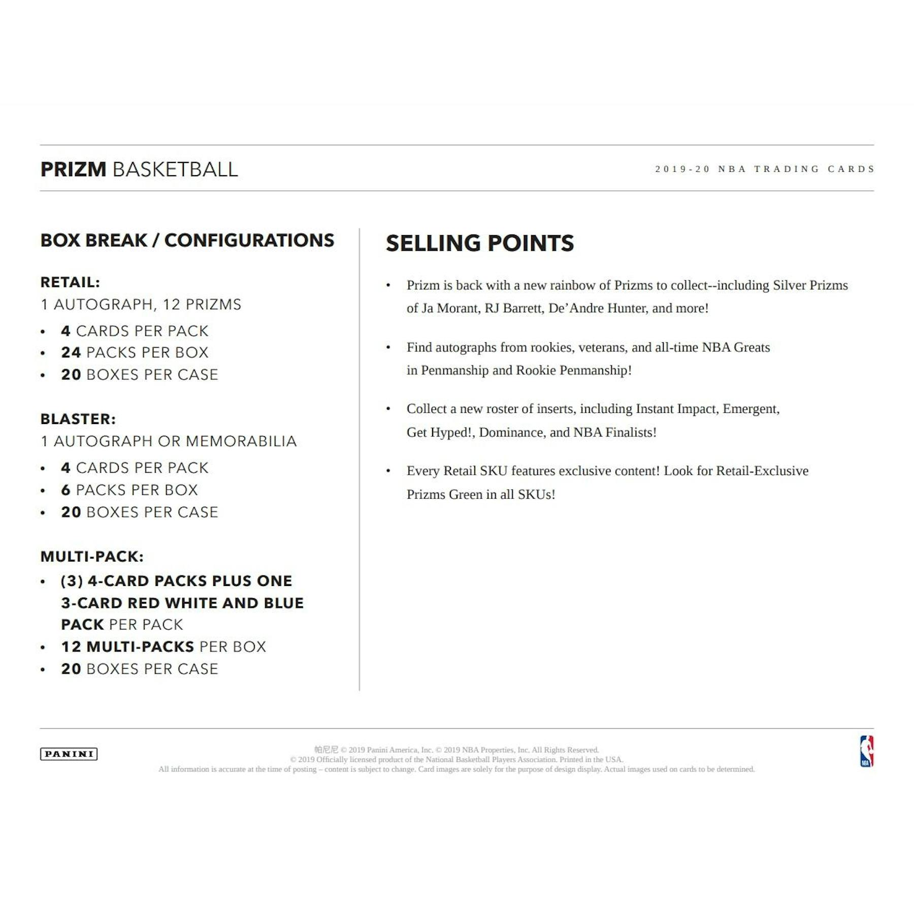 2019/20 Panini Prizm Basketball Multi Cello Pack