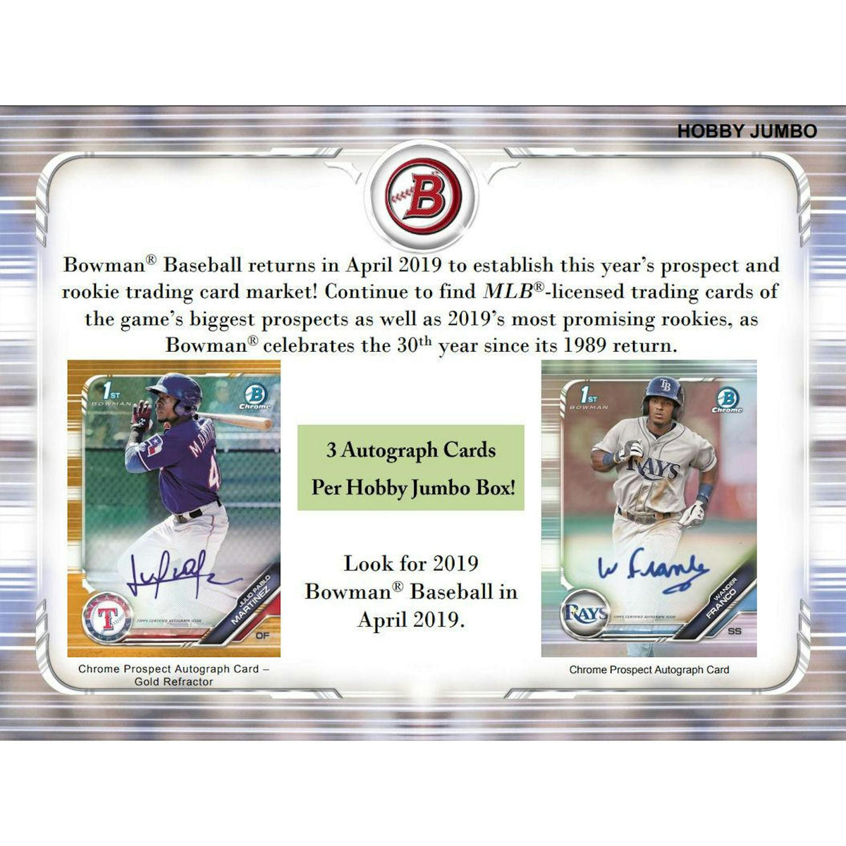2019 Bowman Baseball Hobby Jumbo 8-Box Case