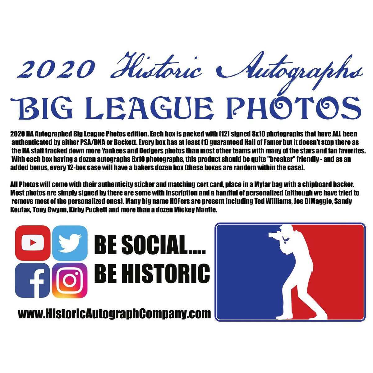 2020 Historic Autographs Big League Photos Baseball Hobby Box (Reed Buy)
