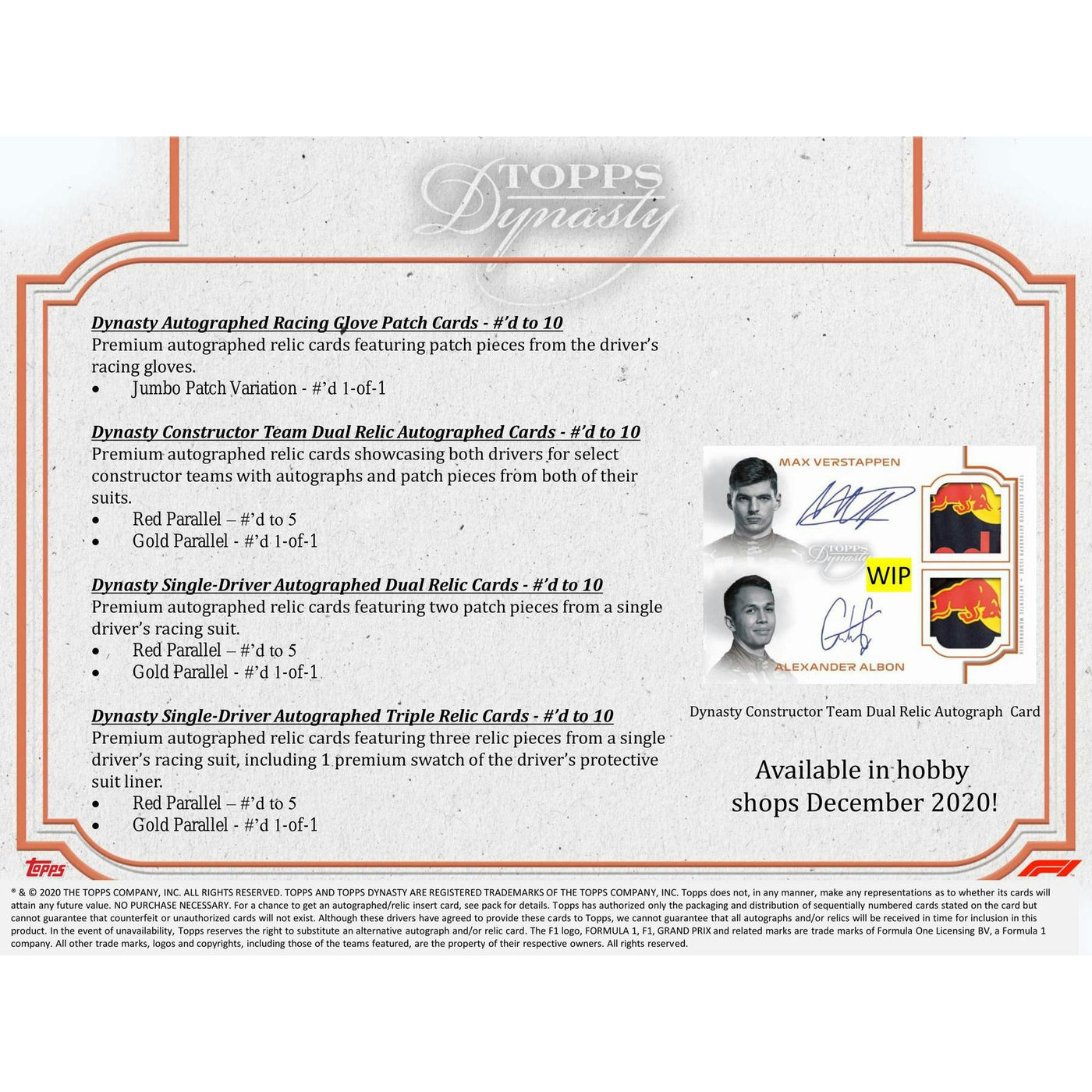 2020 Topps Dynasty F1 Formula 1 Racing Hobby Box