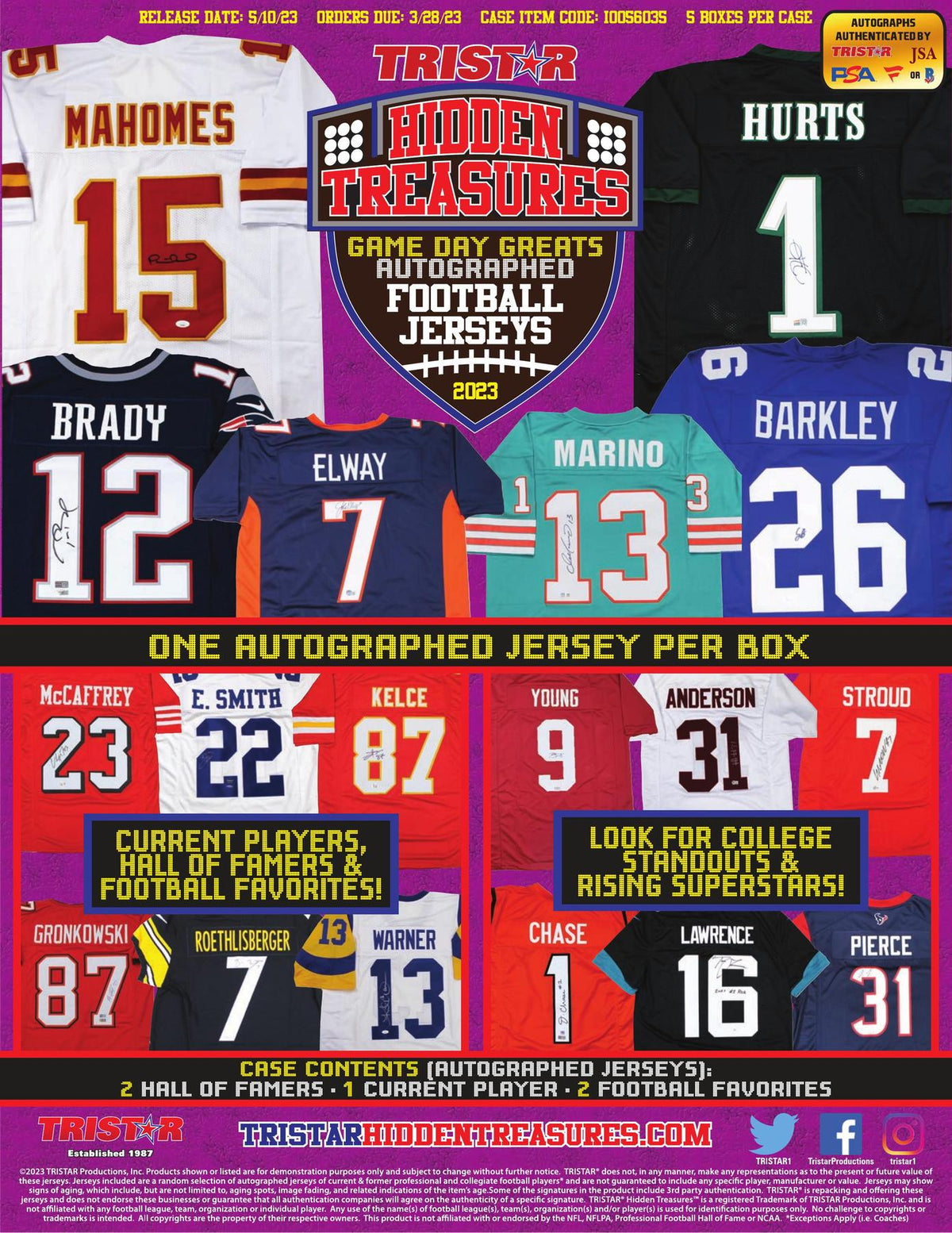 2023 TriStar Hidden Treasures Game Day Greats Autographed Football Jersey Hobby Box (Reed Buy)