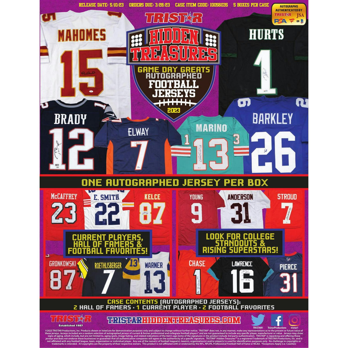 2023 TriStar Hidden Treasures Game Day Greats Autographed Football Jersey Hobby Box (Reed Buy)