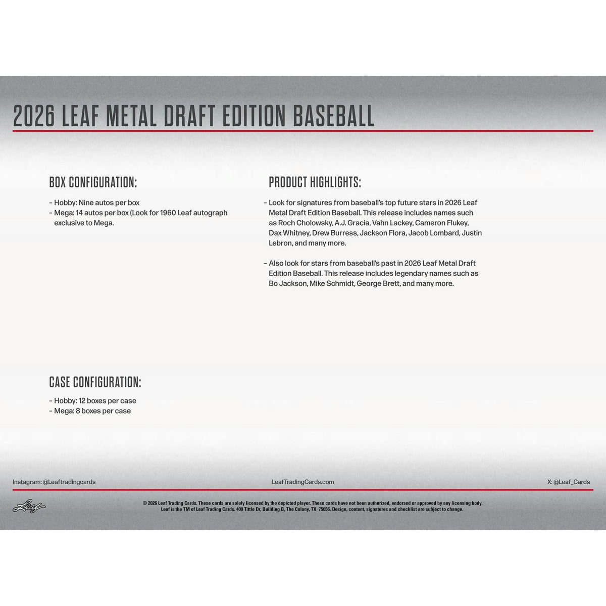 2026 Leaf Metal Draft Baseball Mega Jumbo 8-Box Case