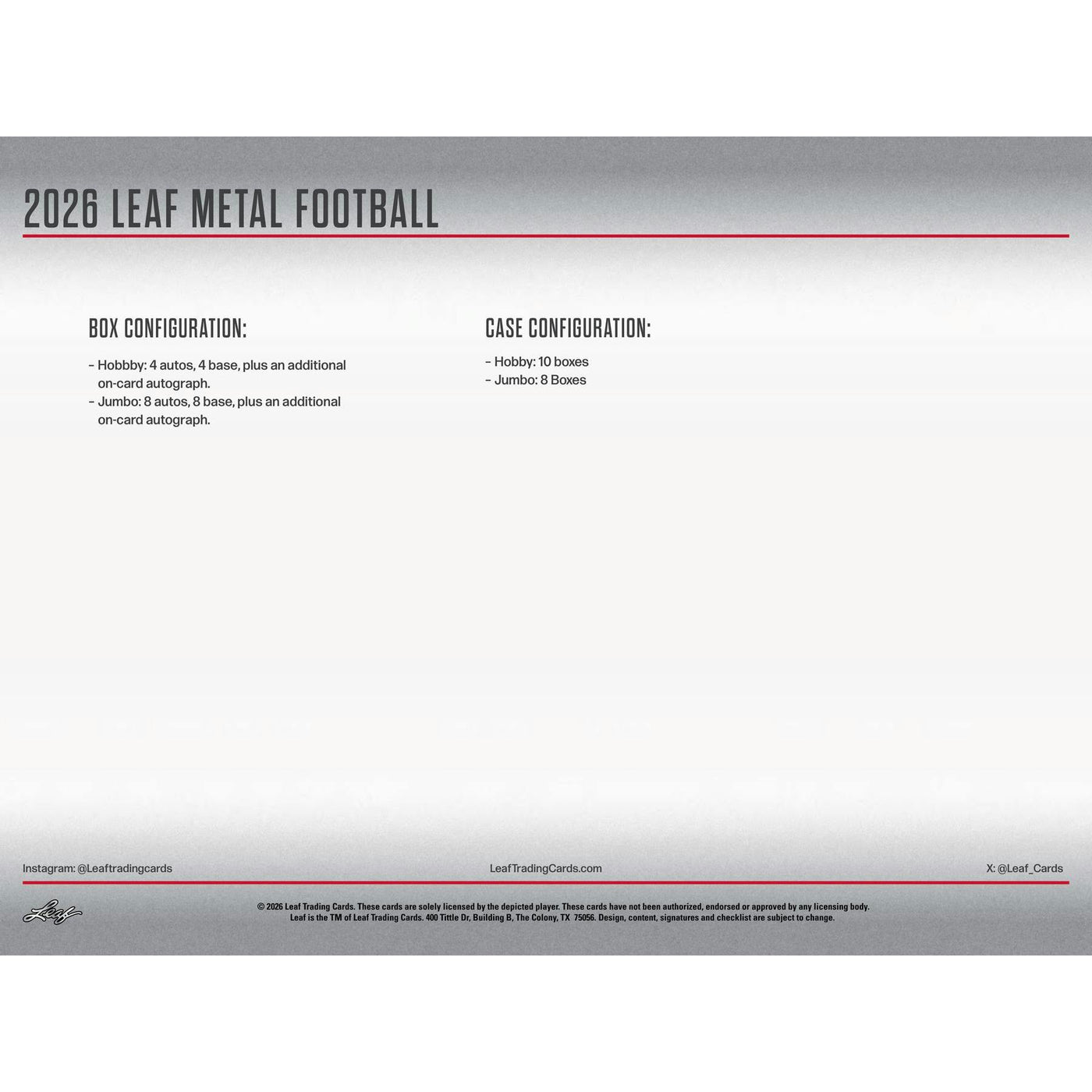 2026 Leaf Metal Football Hobby Jumbo Box