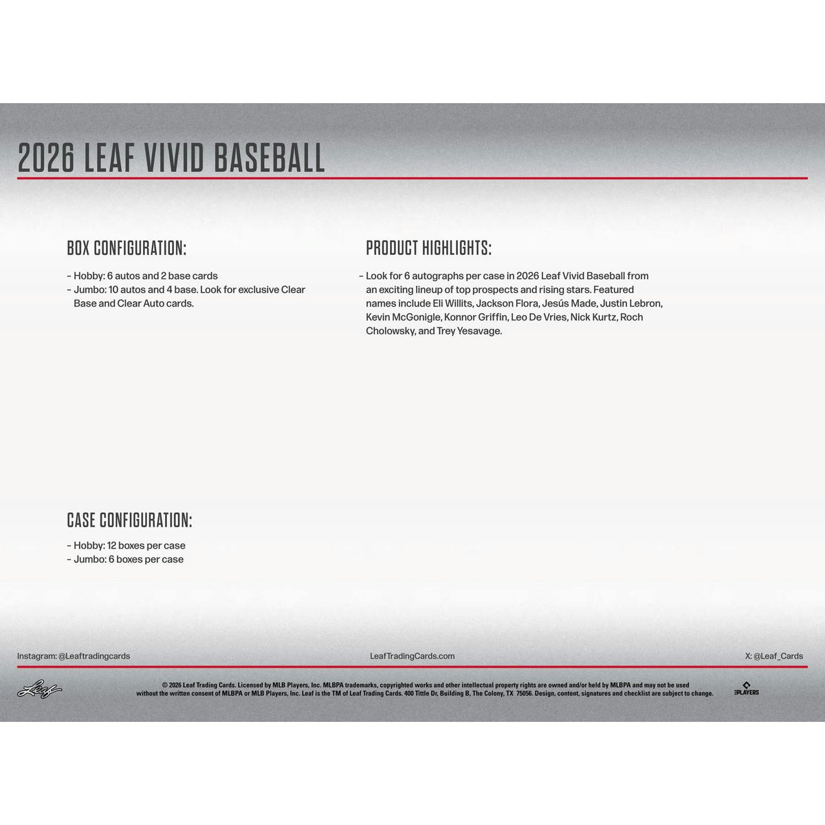 2026 Leaf Vivid Baseball Hobby Jumbo Box