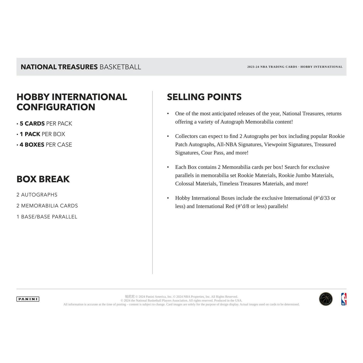 2023/24 Panini National Treasures Basketball International Hobby 4-Box Case