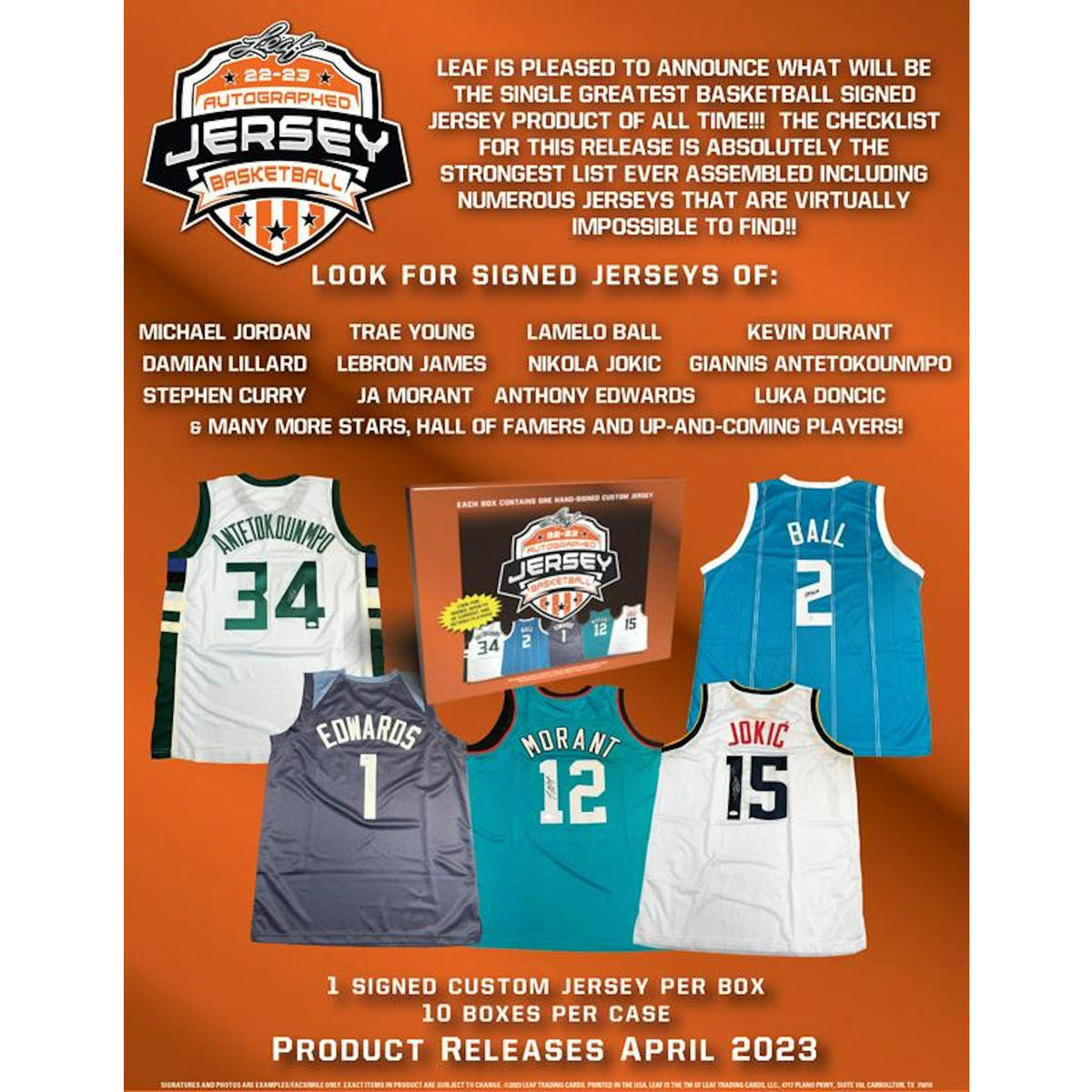 2022/23 Leaf Autographed Basketball Jersey Hobby Box (Reed Buy)