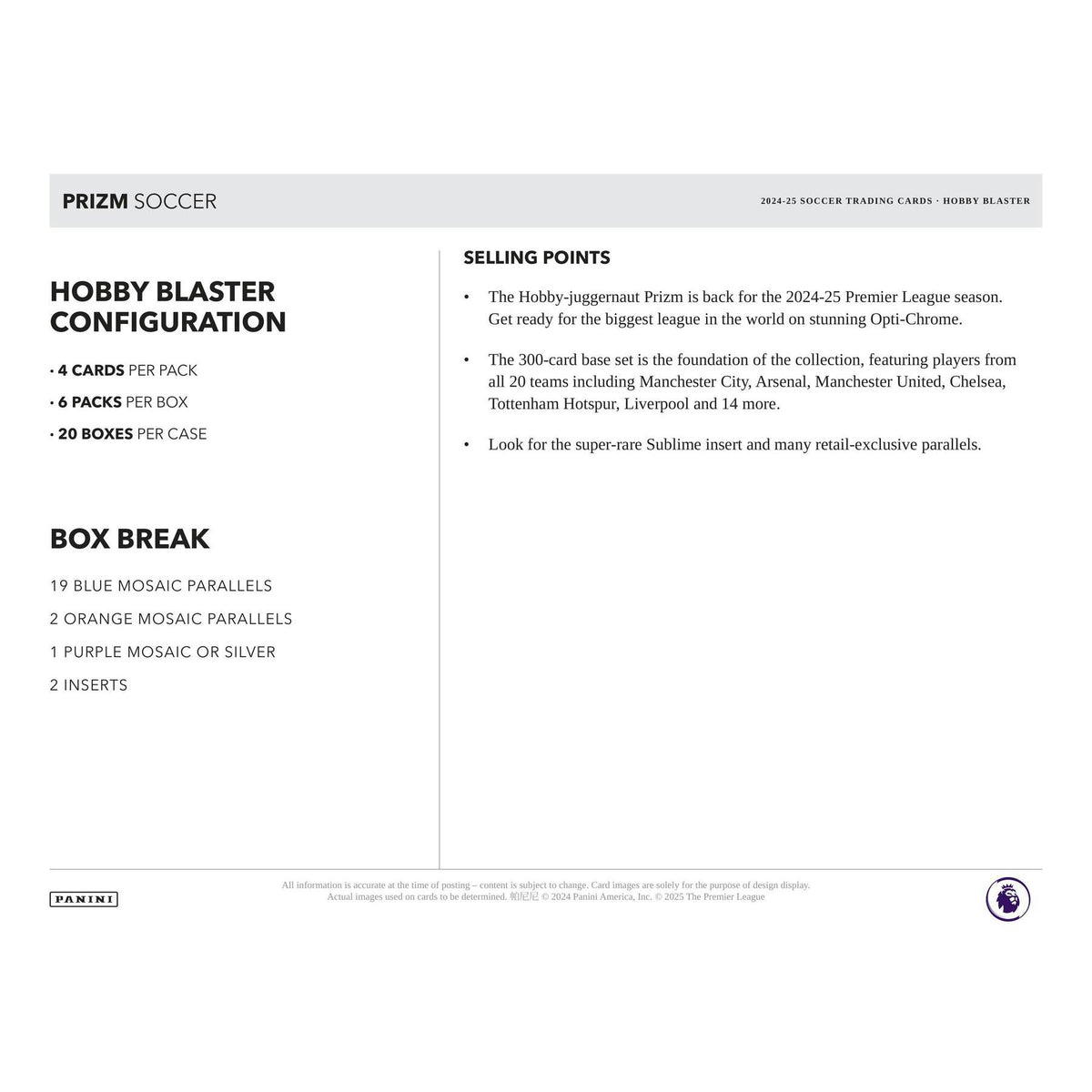 2024/25 Panini Prizm Premier League EPL Soccer Blaster Hobby 20-Box Case