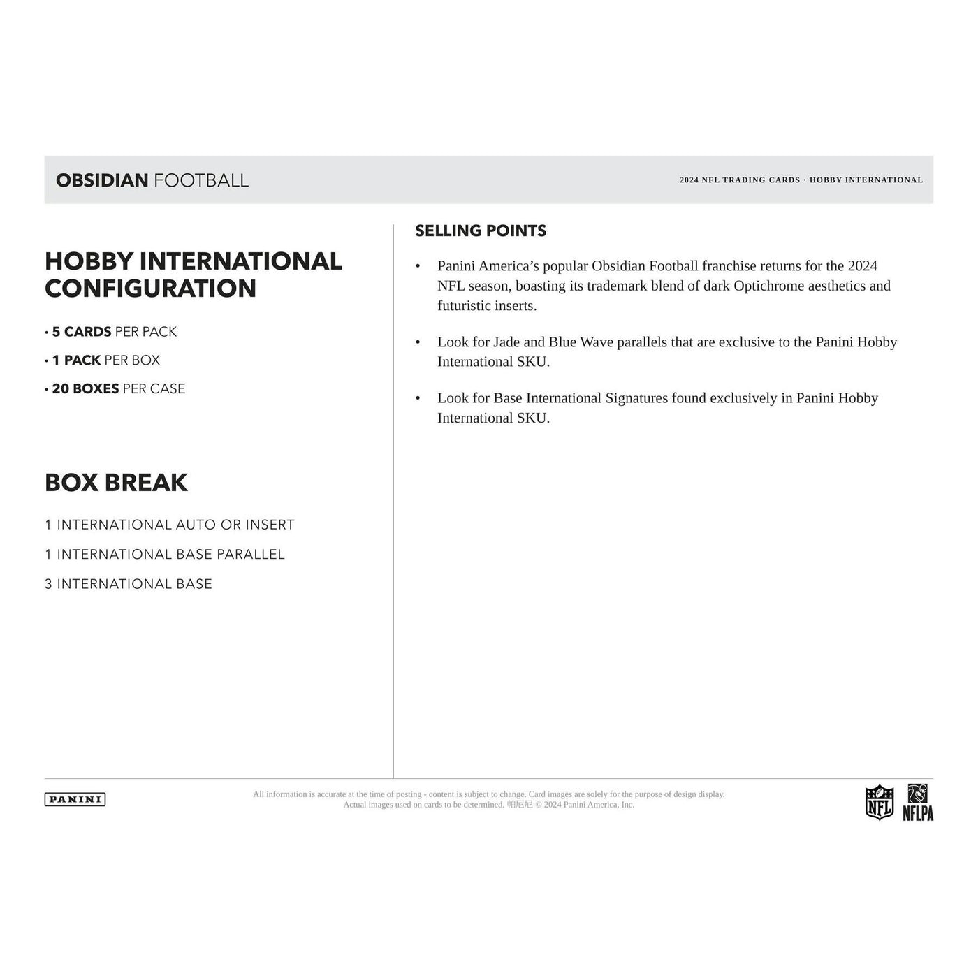 2024 Panini Obsidian Football International Hobby 20-Box Case