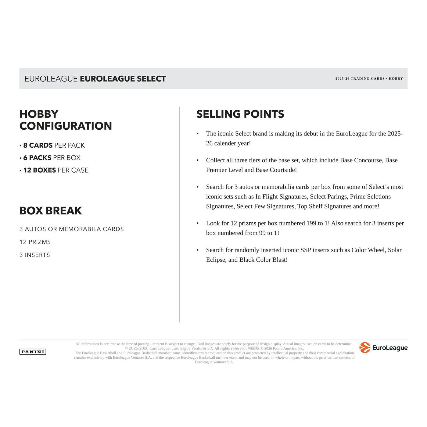 2025/26 Panini Select EuroLeague Basketball Hobby 12-Box Case