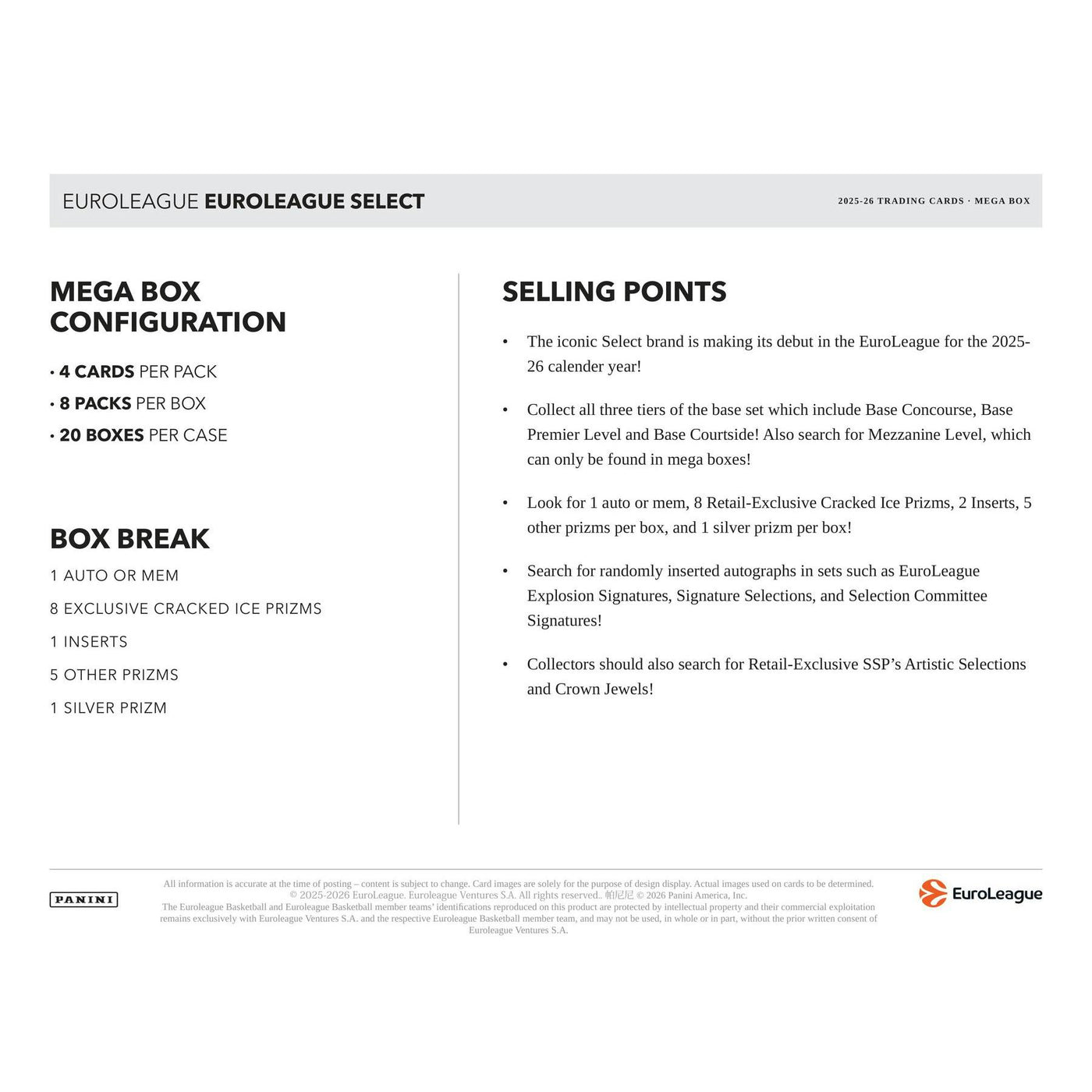 2025/26 Panini Select EuroLeague Basketball Mega Hobby 20-Box Case