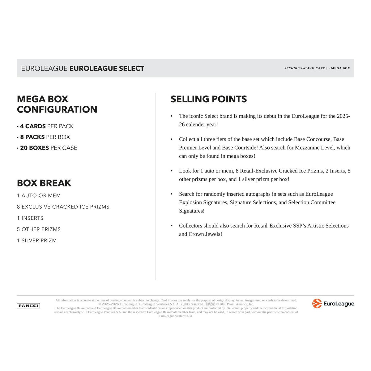 2025/26 Panini Select EuroLeague Basketball Mega Hobby Box