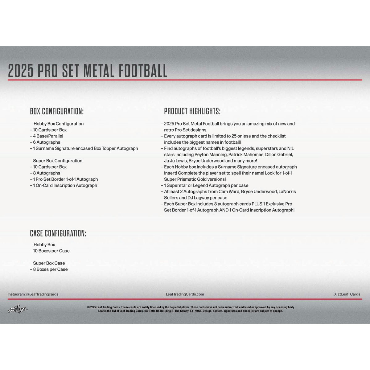 2025 Leaf Pro Set Metal Football Hobby Box